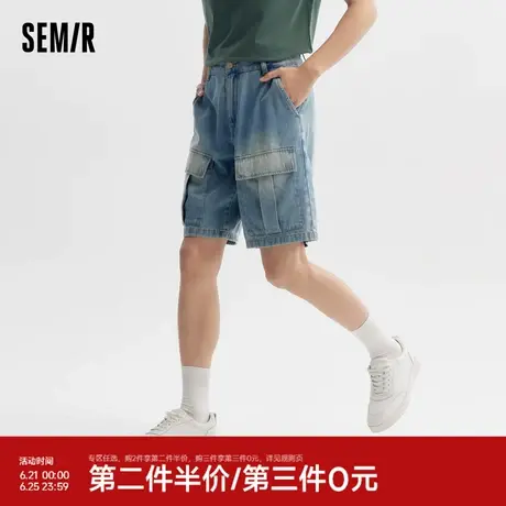 森马牛仔中裤男2024夏季新款宽松直筒工装裤潮流复古做旧五分短裤图片