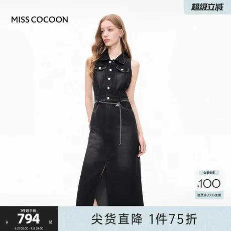 MISSCOCOON黑色收腰裙子2025秋季新款无袖翻领水洗开叉牛仔连衣裙图片