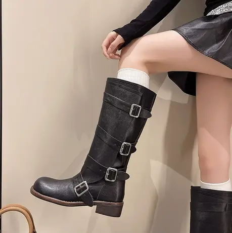 复古西部牛仔靴女2025年新款秋季百搭粗跟长筒靴气质通勤骑士靴子商品大图