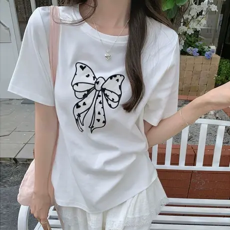 韩系高级感蝴蝶结刺绣短袖T恤女夏季宽松韩版设计感小众纯棉上衣商品大图
