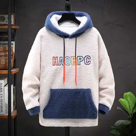 青少年连帽卫衣男加绒加厚秋冬2023新款初中学生冬季羊羔绒上衣冬商品大图