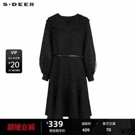 sdeer圣迪奥女装V领荷叶边收腰网纱毛呢连衣裙S233Z12T1图片