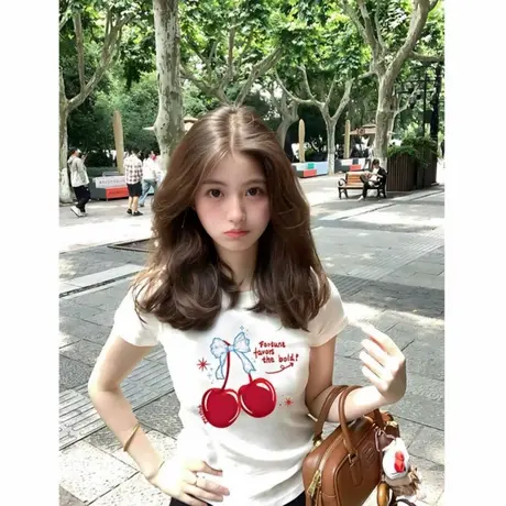 正肩短袖t恤女夏季爆款显瘦韩版修身chic小众设计感百搭白色上衣商品大图