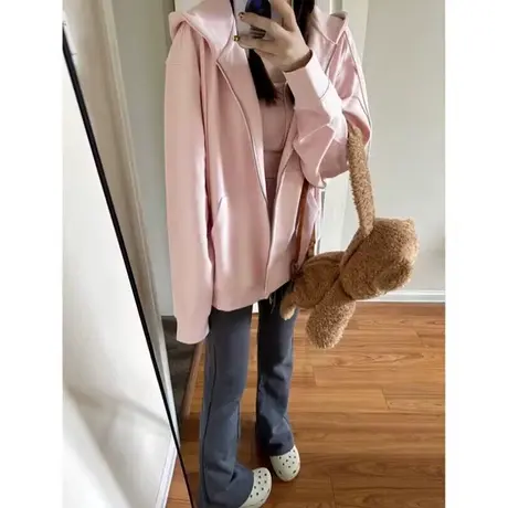 开衫连帽卫衣女春秋季薄款2023新款宽松bf慵懒风上衣oversize外套商品大图