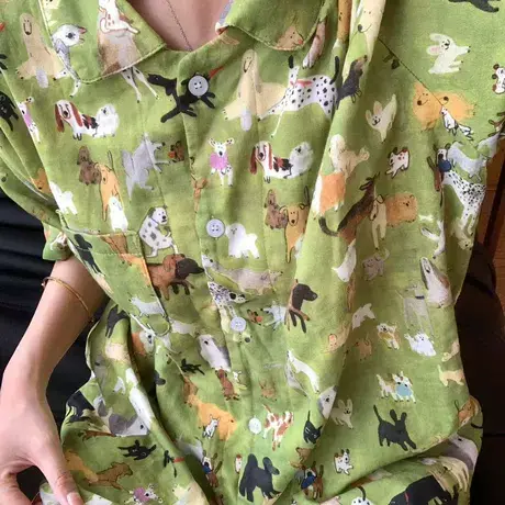 新品！纯棉双层纱绿色狗狗乐园翻领短袖长裤套装可爱卡通可外穿商品大图