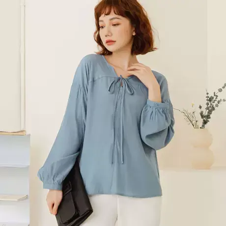 桔熊春秋季通勤文艺v领系带娃娃衫泡泡长袖宽松上衣女大码AB18147商品大图