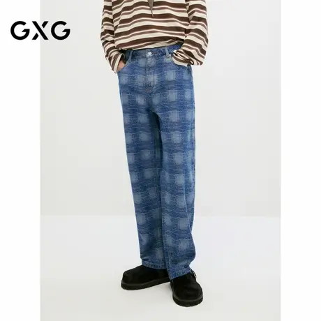 【X】GXG男装蓝色格纹提花牛仔裤水洗长裤男士直筒裤子2024秋季品图片