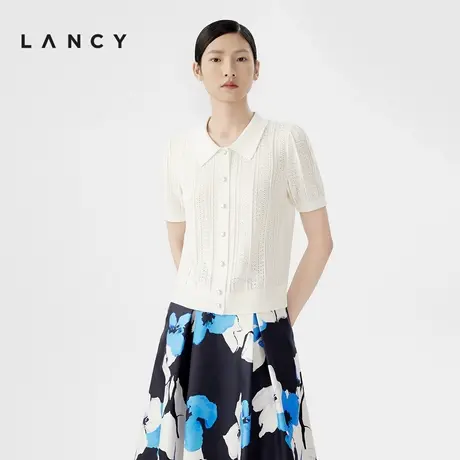 LANCY/朗姿2024夏季新款翻领白色精致薄款针织开衫镂空收腰女上衣商品大图