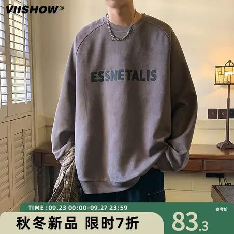 VIISHOW美式复古麂皮绒卫衣男春秋季宽松潮牌圆领长袖上衣T恤潮商品大图