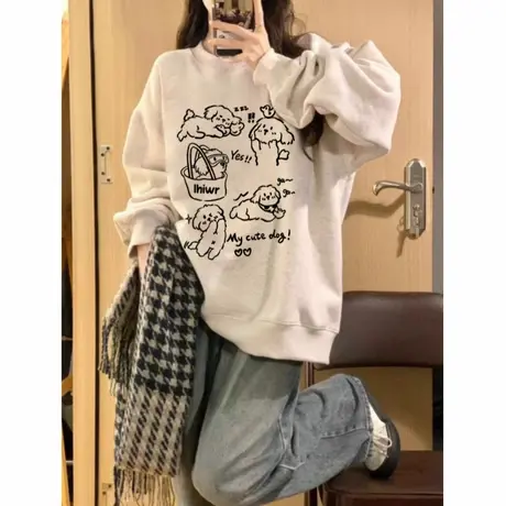 美式圆领卫衣女早秋2025新款爆款秋冬加绒设计感慵懒风chic上衣潮商品大图