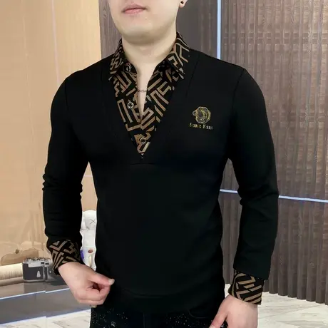 秋季男士假两件卫衣潮牌欧货帅气POLO衫冬装长袖加绒加厚保暖T恤图片