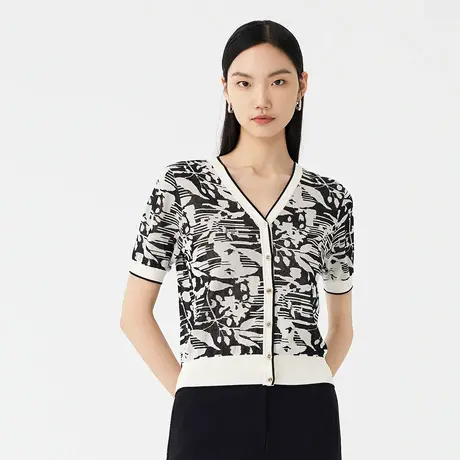 LANCY/朗姿夏季法式V领针织开衫女短袖内搭黑色薄款上衣商品大图