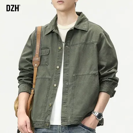 男士军绿色牛仔外套男春秋高级感痞帅2023新款美式工装夹克牛仔衣商品大图