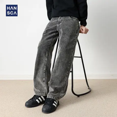 hansca382g重磅粗纹灯芯绒休闲裤男2025秋季复古宽松直筒阔腿长裤商品大图