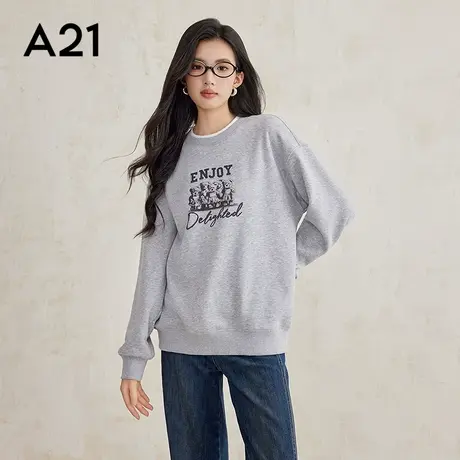A21女装针织宽松圆领落肩套头中款绒底卫衣时尚字母印花加绒上衣商品大图