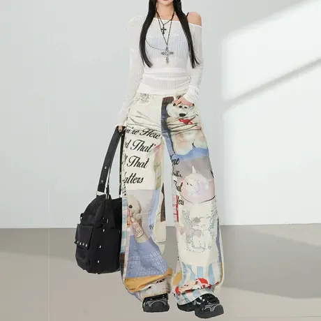 美式涂鸦卡通阔腿牛仔裤女秋季新款高腰宽松显瘦垂感印花拖地裤子商品大图