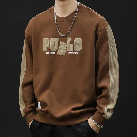 重磅潮牌加绒卫衣男秋冬款圆领衣服秋季2023新款大码男款毛织拼接商品大图