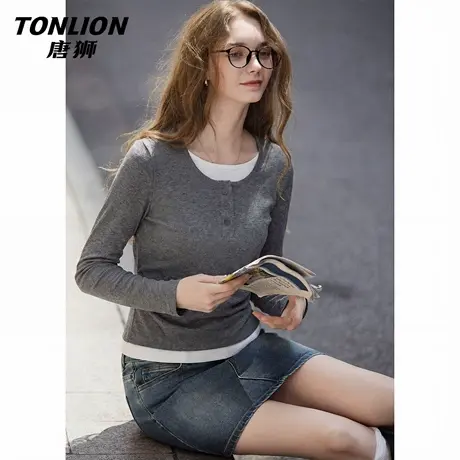 唐狮官方修身打底衫女2026新款春季假两件长袖t恤纯欲内搭上衣VC图片