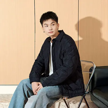 唐狮秋冬季新款男衬衫领菱格工装短款棉服休闲薄款棉衣外套潮TD图片