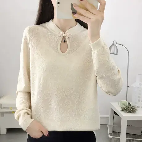 复古风旗袍领温柔针织衫2023年秋冬新款显瘦百搭套头毛衣女小衫图片