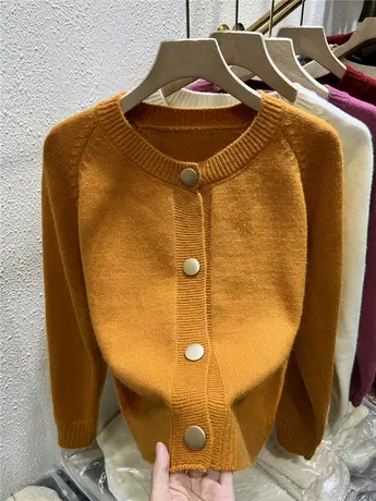 慵懒风糖果色毛衣开衫女2023秋冬新款韩版时尚外套圆领上衣针织衫商品大图