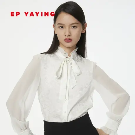 EP雅莹女装 缎面宫廷风桑蚕丝系带领白衬衫 商场同款新款2266A商品大图