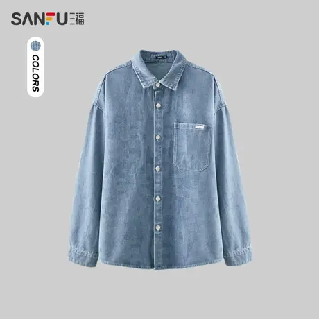 三福2024春男士提花牛仔长衬衫 复古休闲宽松翻领上衣男479142商品大图