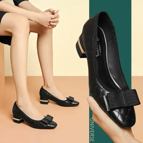 黑色鞋子春款工作鞋女上班穿新款单鞋女春季纯色粗跟中跟皮鞋商品大图