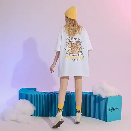 YEP小熊t恤女短袖白色设计感小众夏季纯棉宽松潮牌小众设计感体恤商品大图