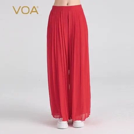 VOA双层乔其纯桑蚕丝自然腰侧口袋风琴褶轻垂飘逸真丝长款裙裤图片