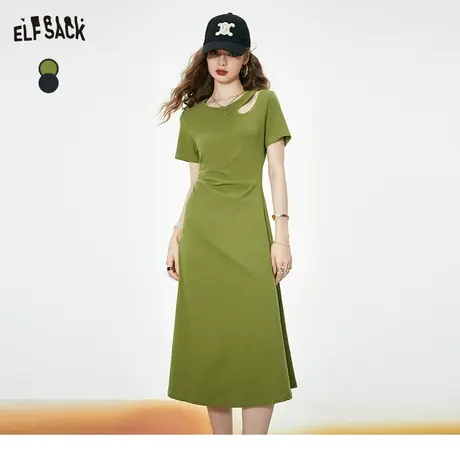 妖精的口袋镂空t恤连衣裙女2023秋季新款抽褶显瘦设计感休闲长裙商品大图