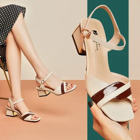 清仓女鞋舒适粗跟露趾凉鞋女撞色一字带真皮中空凉鞋日常休闲商品大图