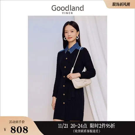 Goodland美地女装2023秋季撞色牛仔POLO领拼接针织衫连衣裙图片