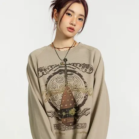 YEP插肩袖卫衣女2023年新款春秋ins国潮胡琴印花圆领长袖无帽上衣商品大图