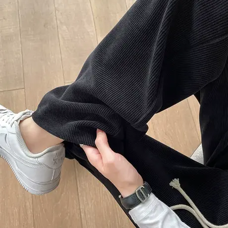 黑色灯芯绒阔腿裤女秋冬新款高腰垂感雪尼尔休闲窄版直筒拖地裤子图片