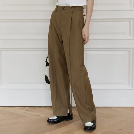 omont蛋挞家 复古高腰开叉条纹直筒裤女夏季休闲裤显瘦西装裤长裤商品大图