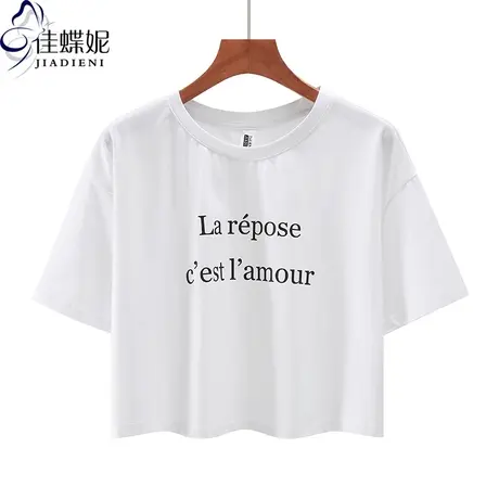 夏季新款韩版圆领字母印花宽松休闲短款纯欲纯色短袖体恤上衣女装商品大图
