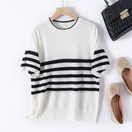 2023新款韩版宽松圆领条纹短袖T恤女士百搭上衣毛衣打底夏季套头商品大图