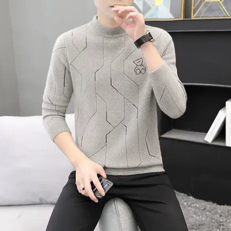 半高领金貂绒毛衣男士秋冬季加厚打底衫潮流保暖提花小熊针织线衣商品大图