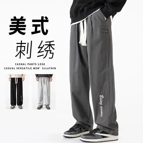 纯棉工装裤子男夏季薄款美式宽松刺绣运动长裤男士潮牌直筒休闲裤商品大图