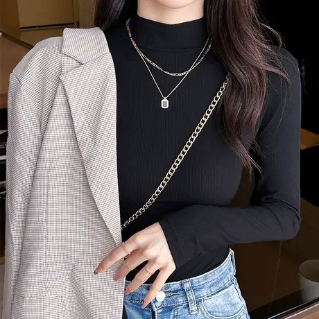 2023春装新款打底衫女内搭大码修身莫代尔上衣中领长袖T恤薄绒商品大图