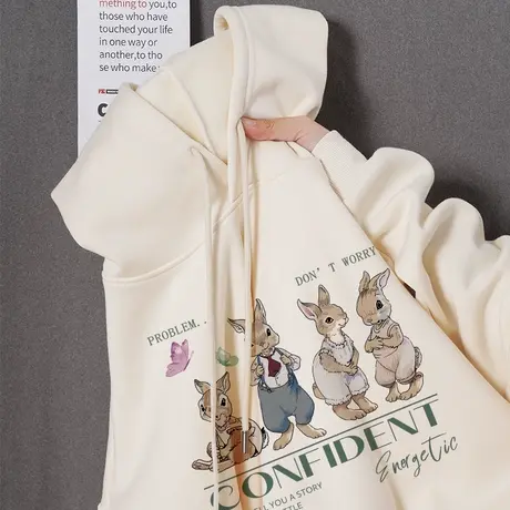 美式复古兔子卫衣女连帽春秋款2023新款爆款oversize外套早秋上衣图片