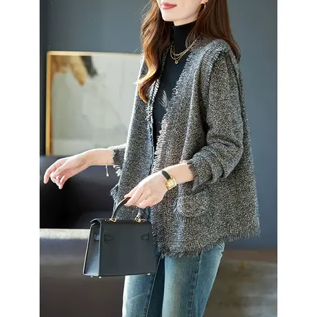 宝诗黎V领亮丝慵懒宽松针织开衫女秋冬绵羊毛时尚外套2023年新款商品大图