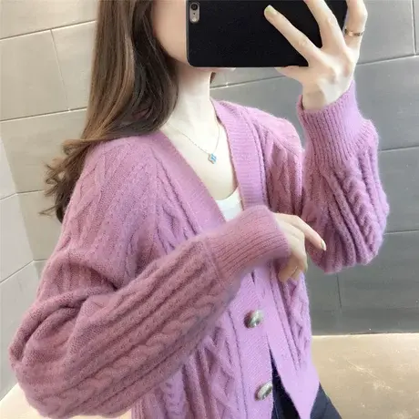 2023年新款秋装女士v领外搭小个子毛衣外套麻花短款针织衫开衫女商品大图