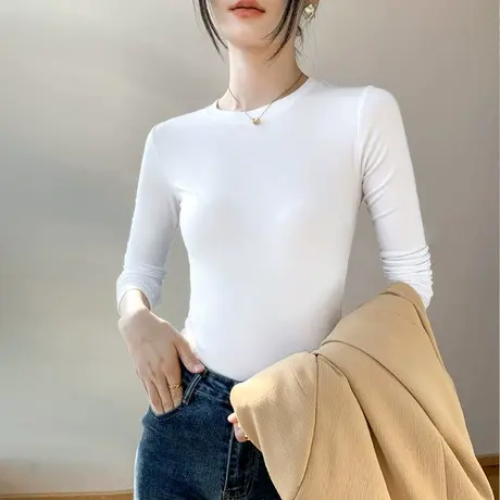 圆领长袖T恤女2025春季紧身收腰纯色百搭打底衫薄款西装内搭上衣商品大图