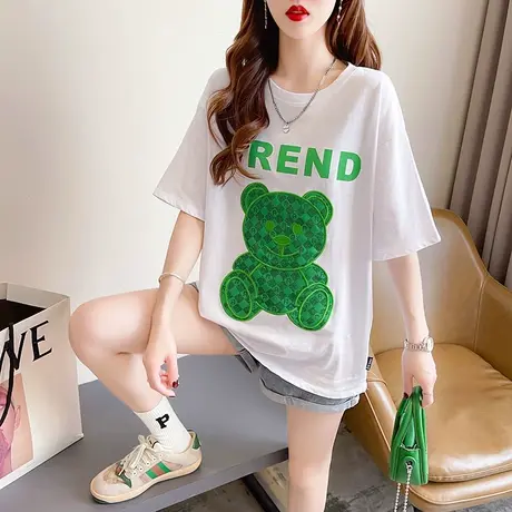 欧货设计感小众印花短袖T恤女2025夏季新款宽松白色小熊上衣ins潮商品大图