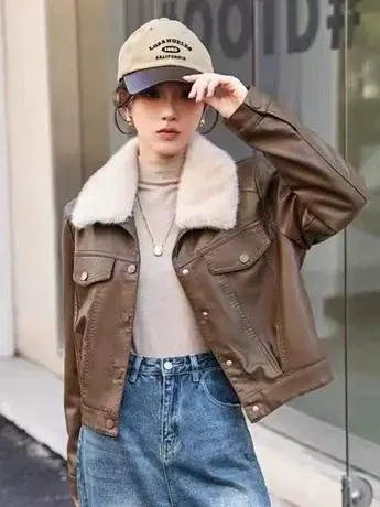 2023冬季加绒皮衣外套毛领短款皮夹克加厚时尚洋气新款机车小个子商品大图