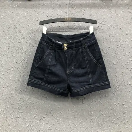 深蓝色牛仔短裤女夏季薄款宽松阔腿a字显瘦高腰减龄弹力四分新款图片