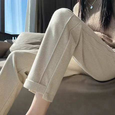 杏色毛呢直筒裤女2024年秋冬新款高腰显瘦拼接九分休闲加绒烟管裤商品大图