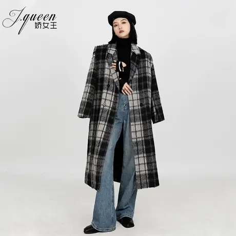 格子毛呢外套女冬季复古高级感气质宽松双排扣中长款呢子西装大衣商品大图